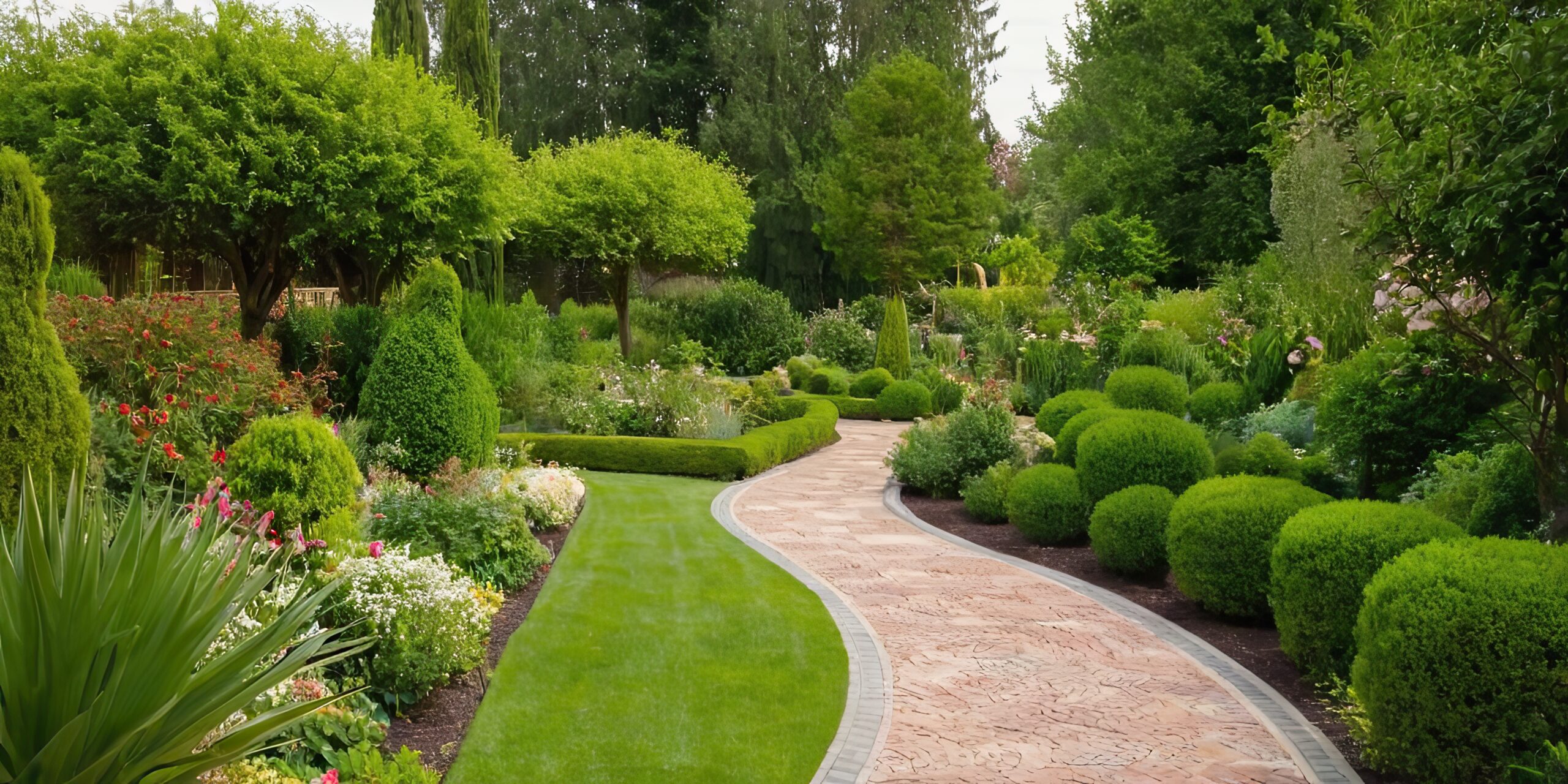 A garden design with topiary, shrubs and small trees.